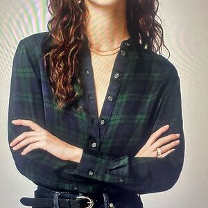 J. Crew Green and Blue Long Sleeve Mandarin Collar Blouse